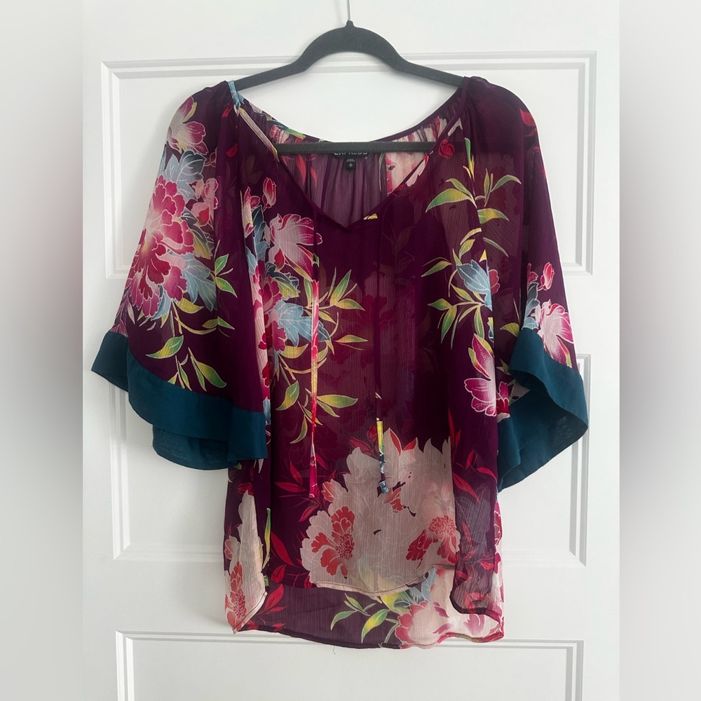 Tropical Chiffon Blouse - Dark burgundy Pink  and Teal.